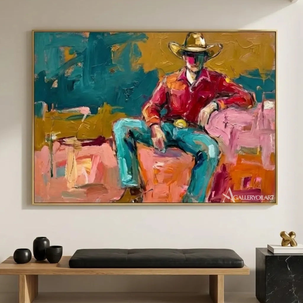 a-seated-cowboy-in-a-broad-brimmed-hat-western-cowboy-red-wall-art-in-a-living-room
