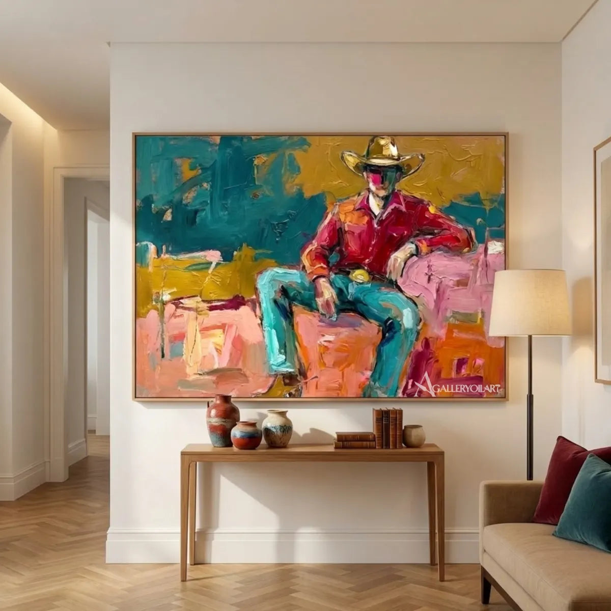 a-seated-cowboy-in-a-broad-brimmed-hat-western-cowboy-red-wall-art-in-a-modern-entryway