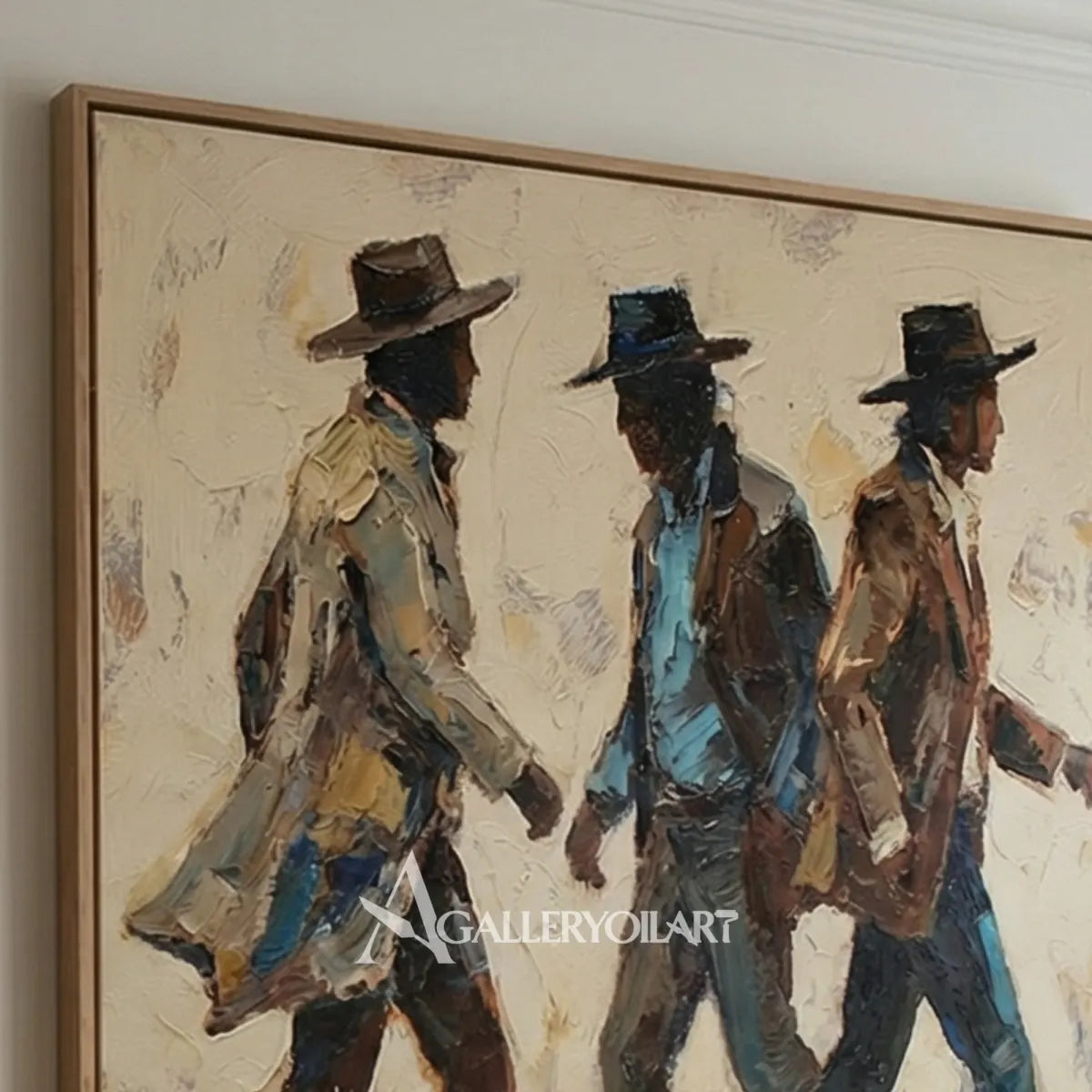 Western-cowboy-walking-trio-brown-wall-art-in-a-living-room