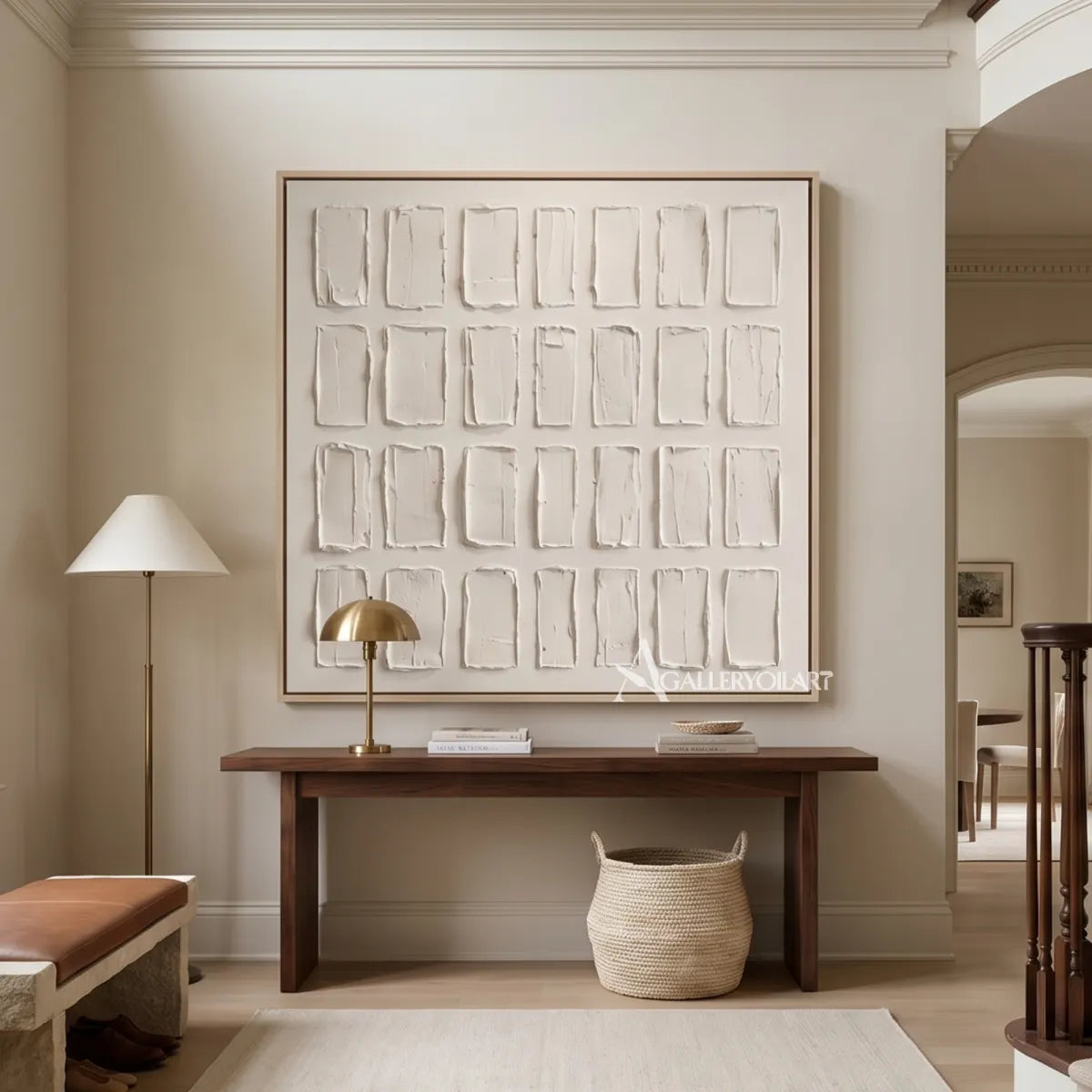 Textured-3D-white-rectangular-grid-relief-painting-above-an-entryway-console
