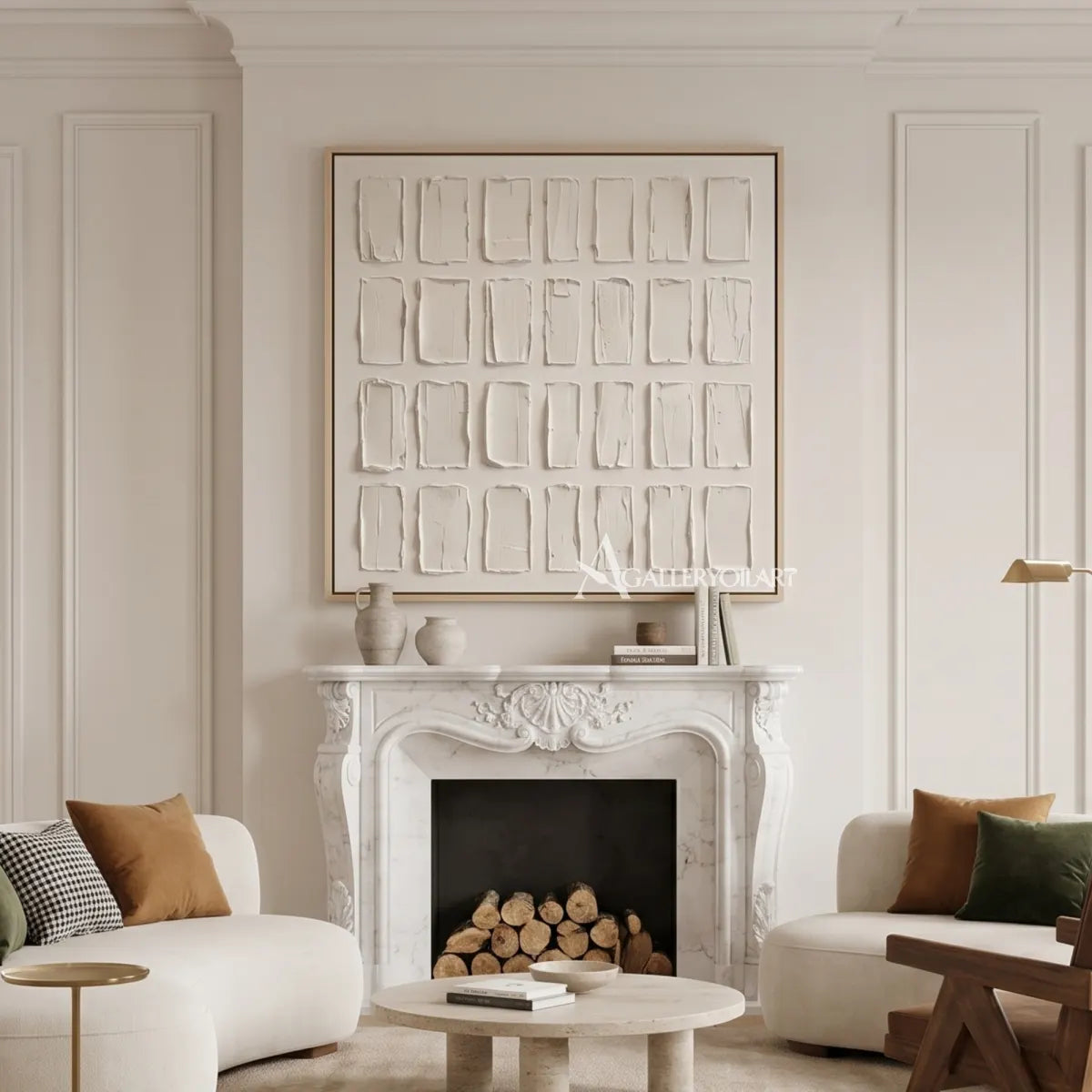 Textured-3D-white-rectangular-grid-relief-painting-above-a-fireplace