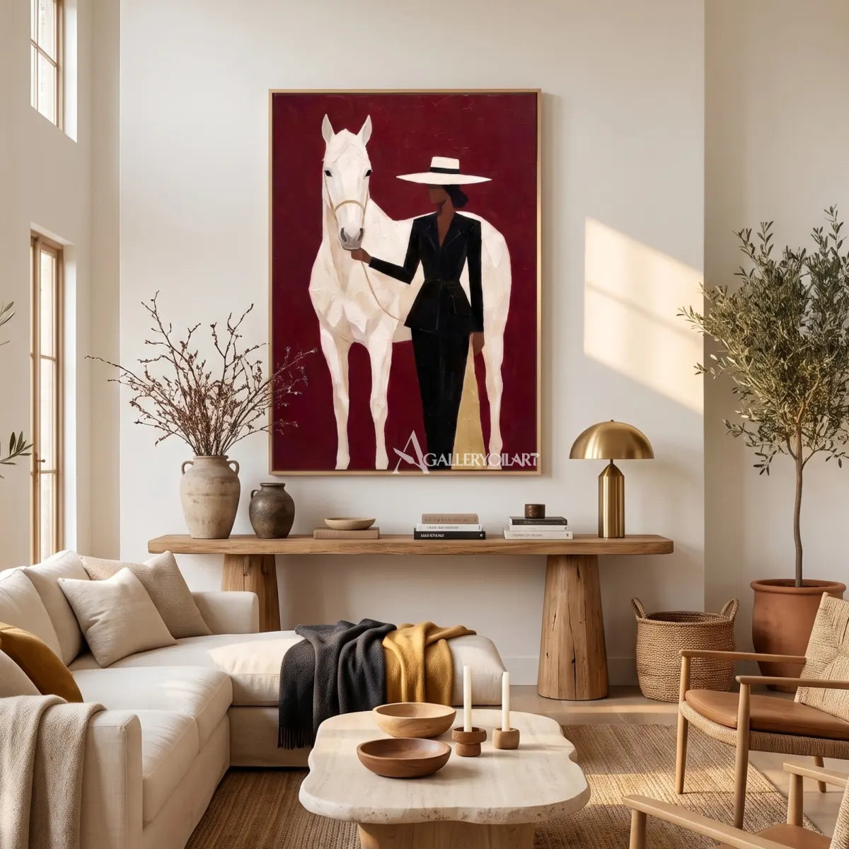 Woman-in-black-and-white-broad-brimmed-hat-with-white-horse-against-burgundy-ground-in-bright-neutral-living-room