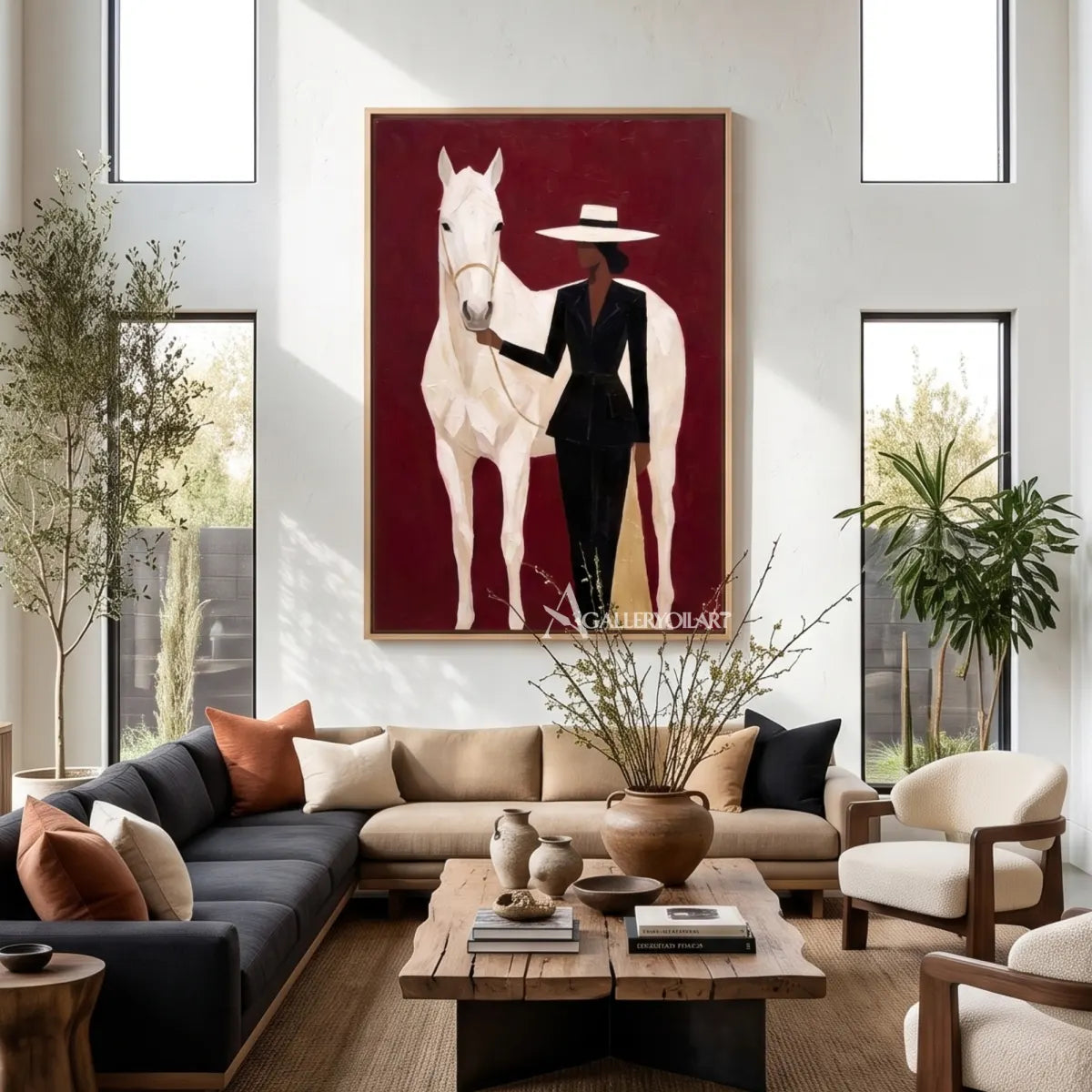 Woman-in-black-and-white-broad-brimmed-hat-with-white-horse-against-burgundy-ground-in-contemporary-lounge