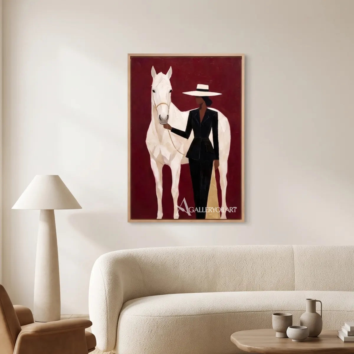 Woman-in-black-and-white-broad-brimmed-hat-with-white-horse-against-burgundy-ground-in-gallery-like-room