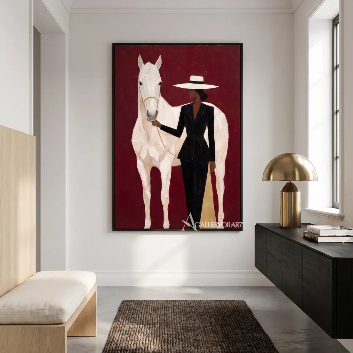 Woman-in-black-and-white-broad-brimmed-hat-with-white-horse-against-burgundy-ground-in-modern-entryway
