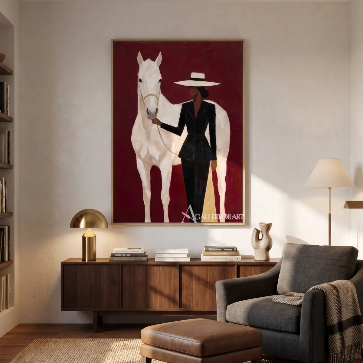 Woman-in-black-and-white-broad-brimmed-hat-with-white-horse-against-burgundy-ground-in-quiet-reading-lounge