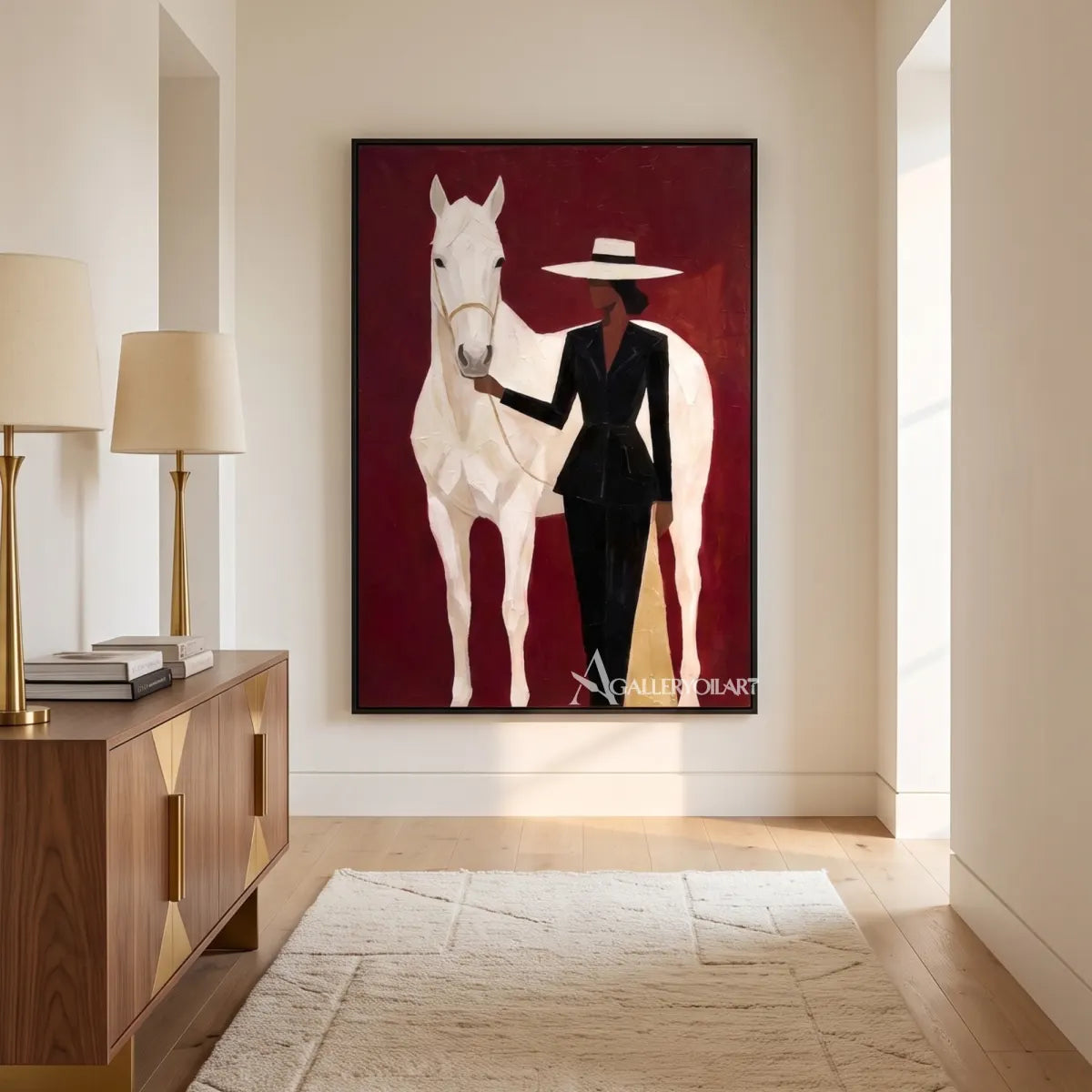 Woman-in-black-and-white-broad-brimmed-hat-with-white-horse-against-burgundy-ground-in-transitional-hall