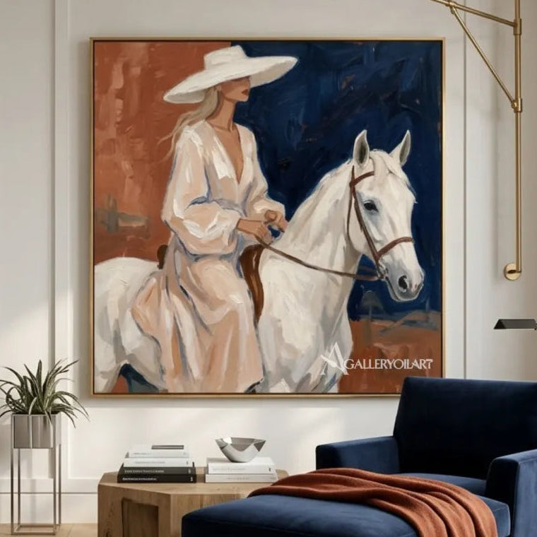 Woman-in-wide-brimmed-hat-riding-a-white-horse-portrait-art-in-a-private-lounge-with-navy-and-warm-neutral-tones