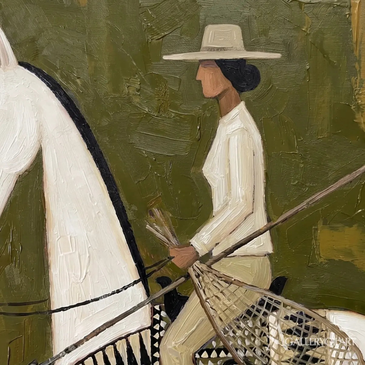 White horse and hat-wearing rider in an olive western painting in a detail setting