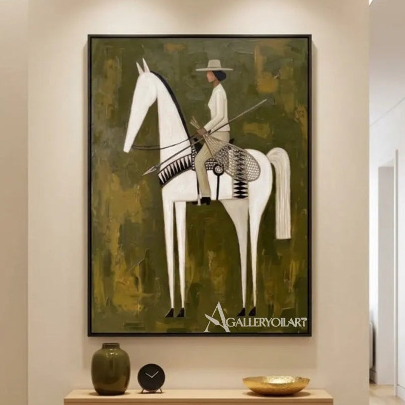 White horse and hat-wearing rider in an olive western painting in a gallery setting