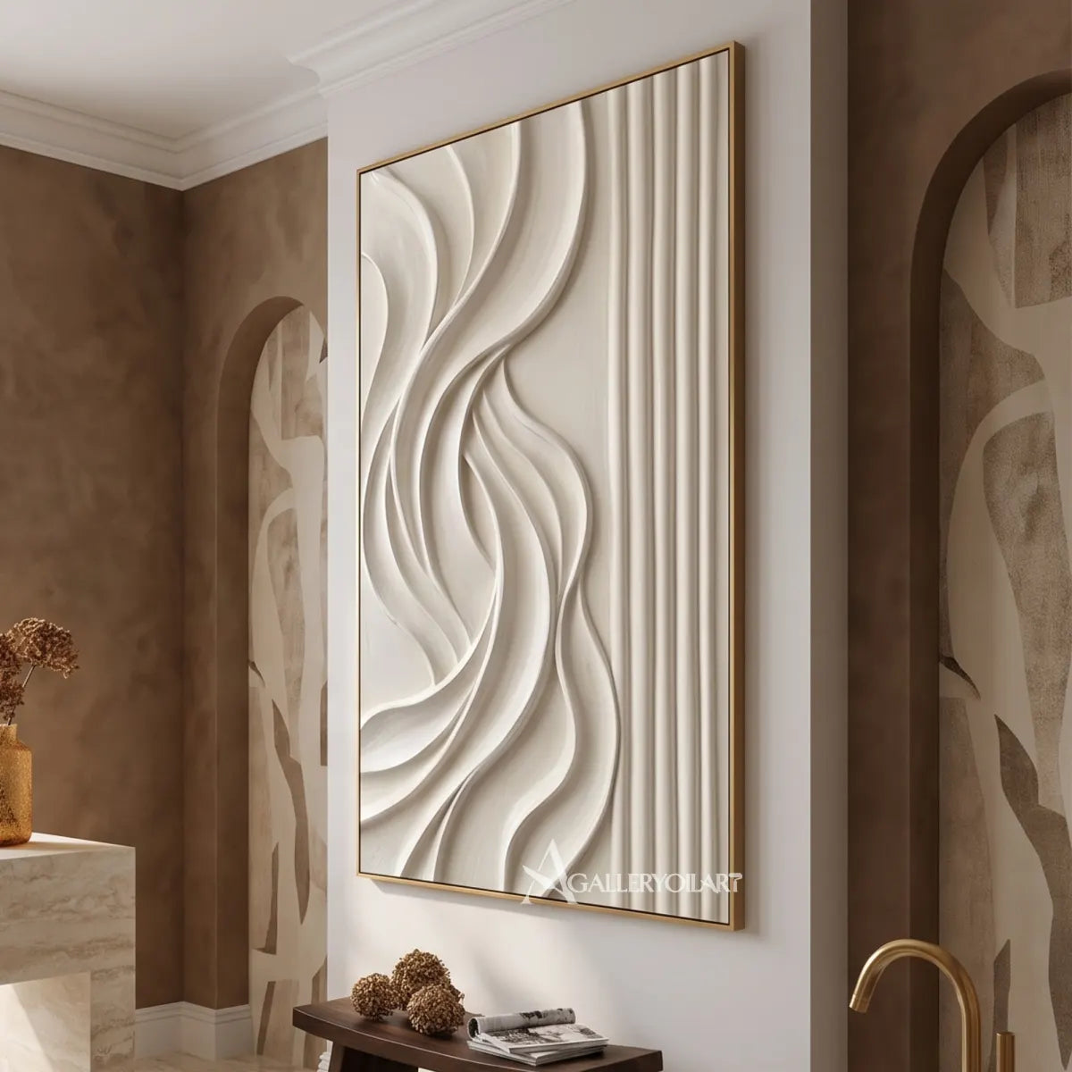 Textured-3D-white-flowing-wave-relief-painting-in-a-warm-brown-interior