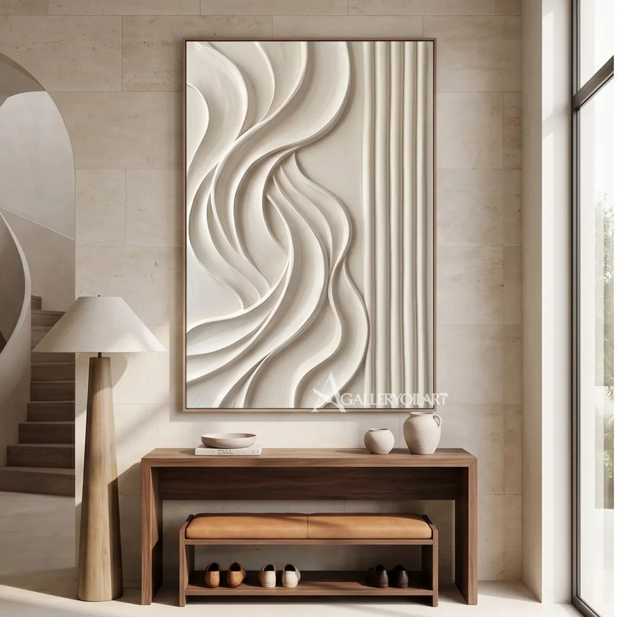 Textured-3D-white-flowing-wave-relief-painting-above-an-entryway-console