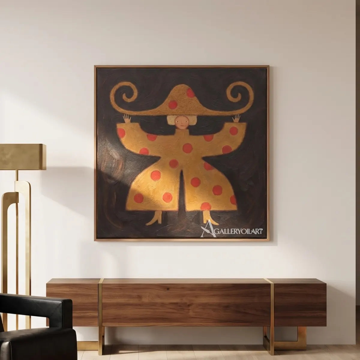 folk-art-wide-brimmed-figure-against-black-displayed-above-a-wood-console