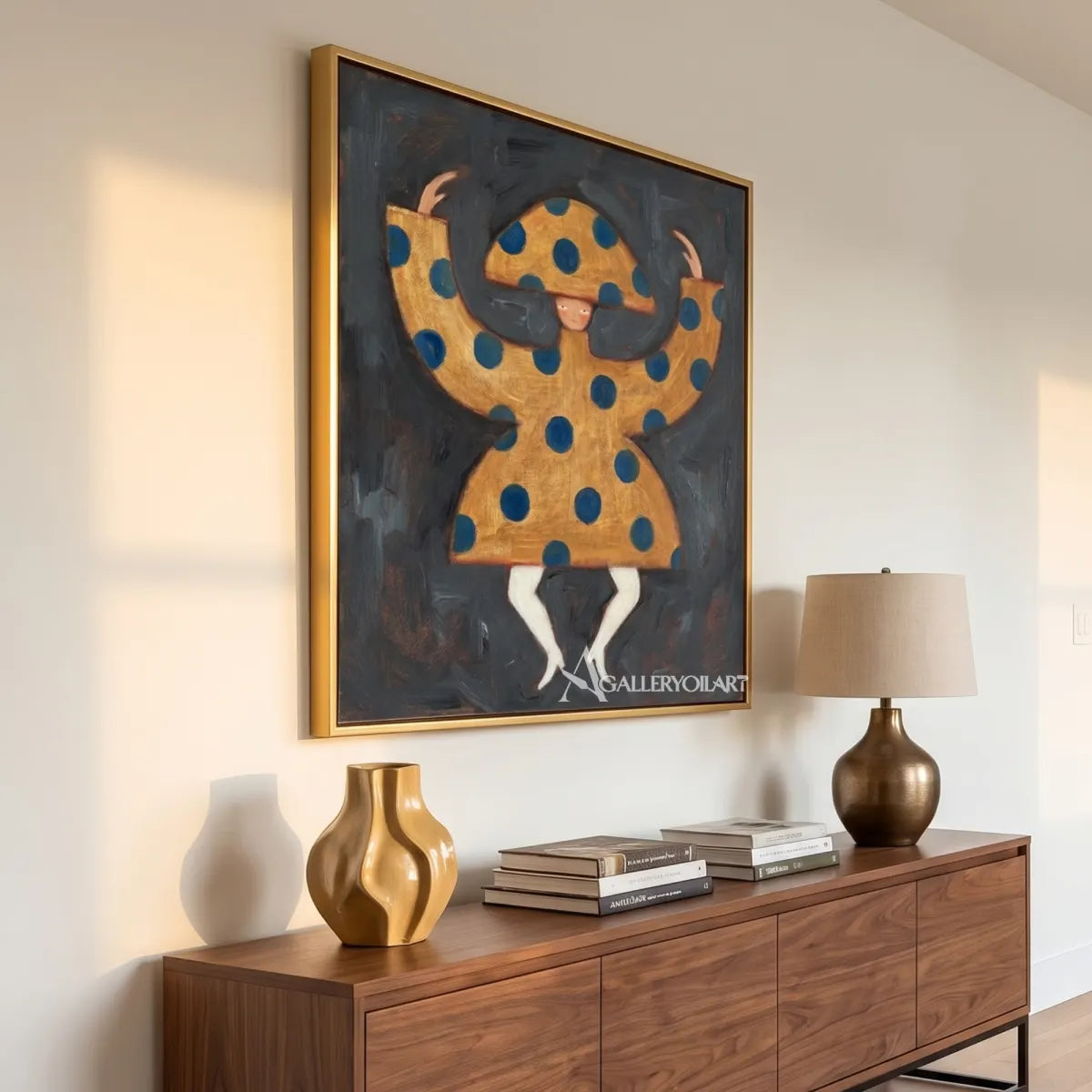 folk-art-wide-brim-figure-in-navy-and-ochre-above-a-living-room-console