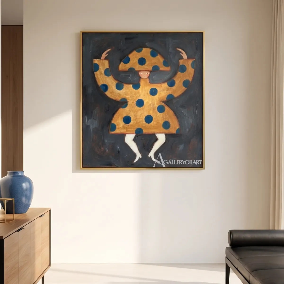 square-folk-art-wide-brim-figure-in-navy-and-ochre-on-a-hallway-wall