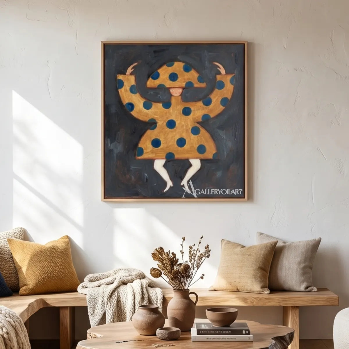 folk-art-wide-brim-figure-in-navy-and-ochre-hung-above-a-sofa