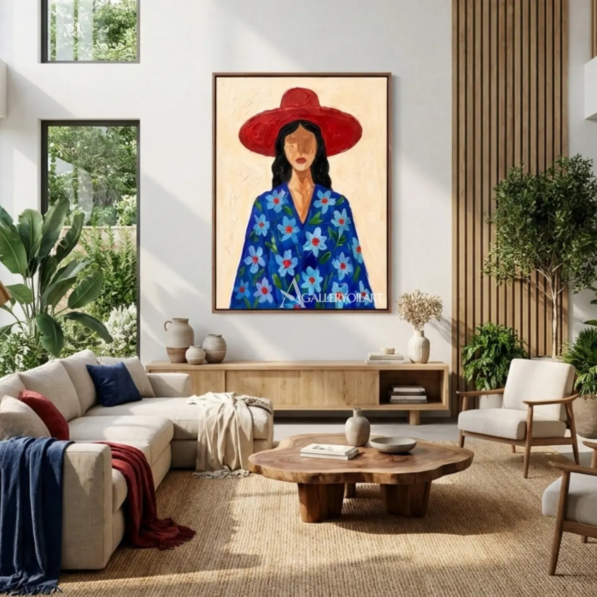 Textured-3D-art-of-a-woman-in-a-wide-brim-hat-and-blue-floral-coat-in-a-living-room