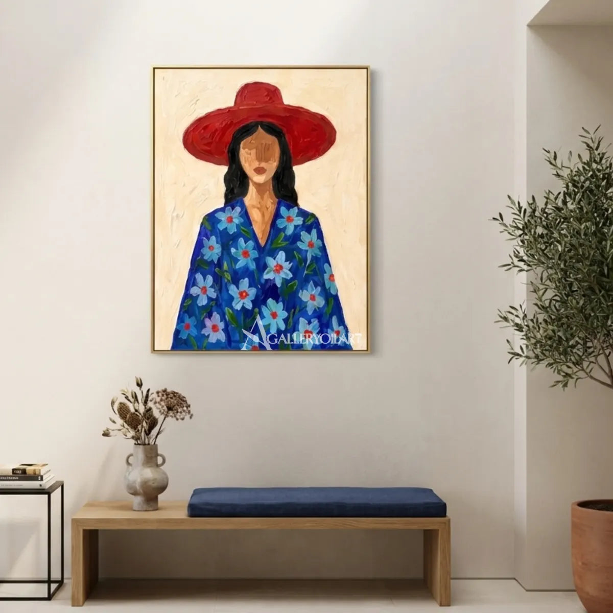 Textured-3D-art-of-a-woman-in-a-wide-brim-hat-and-blue-floral-coat-in-an-entryway