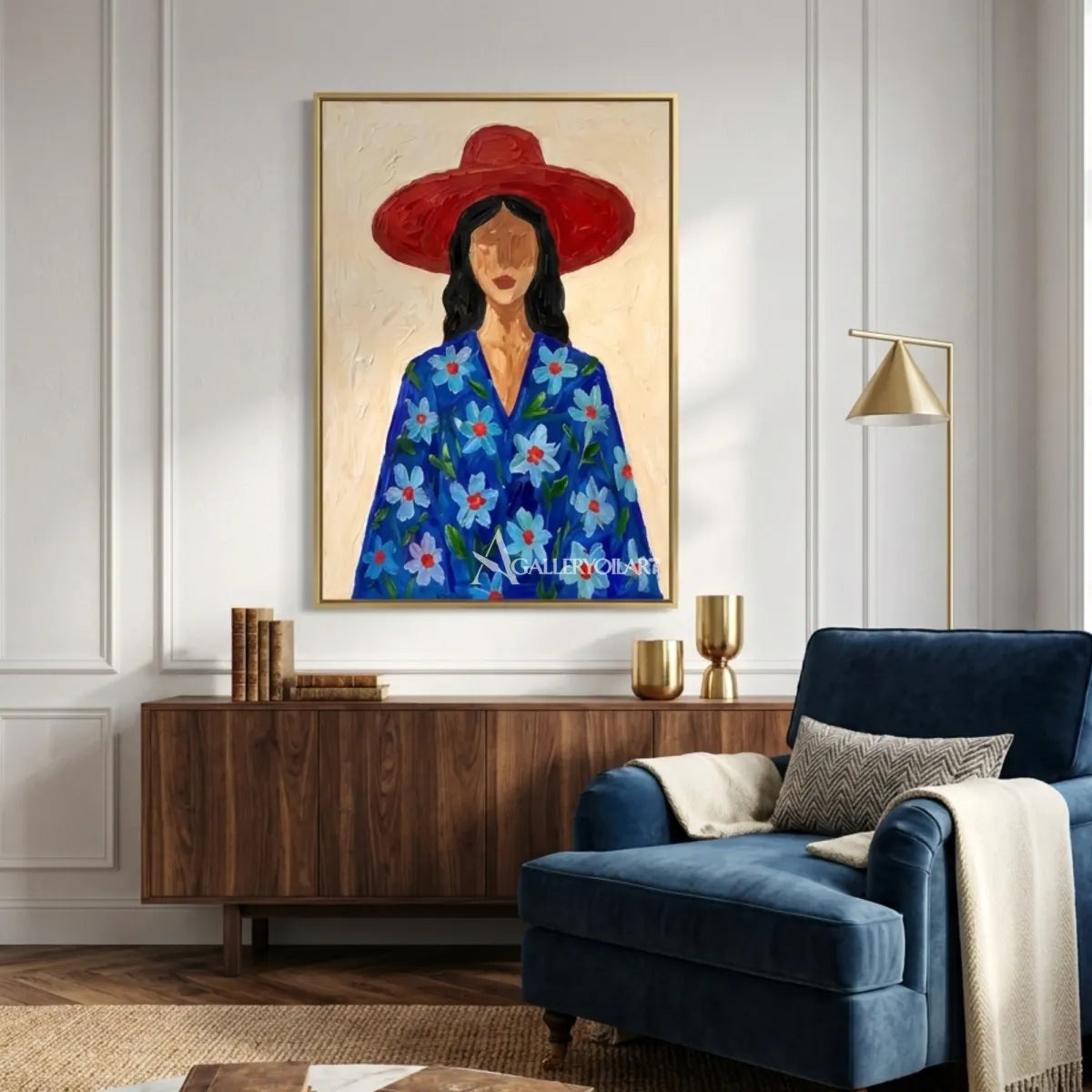 Textured-3D-art-of-a-woman-in-a-wide-brim-hat-and-blue-floral-coat-in-a-private-lounge
