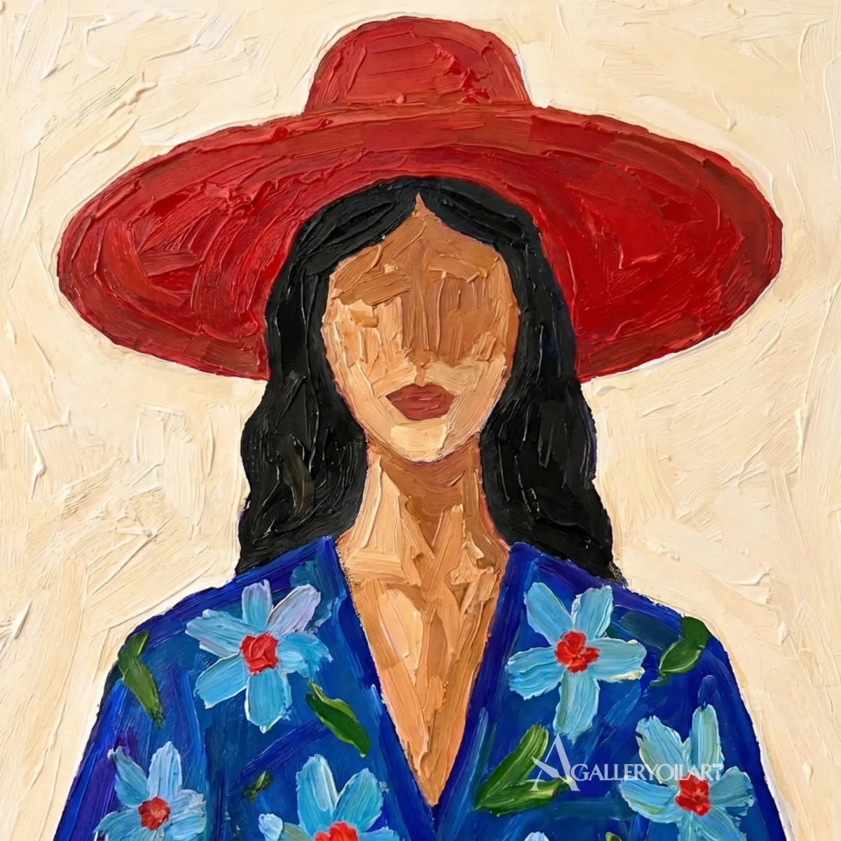 Close-up-of-textured-3D-art-showing-a-wide-brim-hat-and-blue-floral-coat