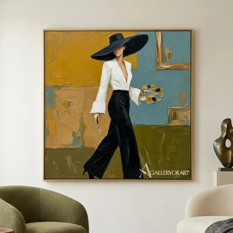 Woman-in-a-wide-brimmed-hat-portrait-art-displayed-in-an-art-gallery-with-yellow-and-turquoise-tones