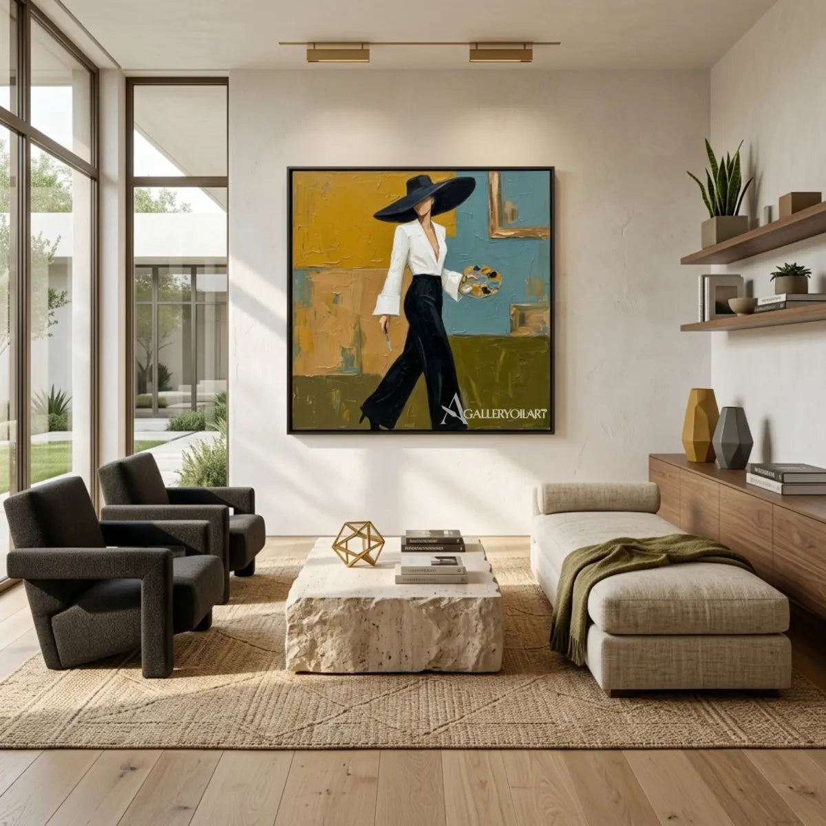Woman-in-a-wide-brimmed-hat-portrait-art-in-a-contemporary-gathering-room-with-yellow-and-black