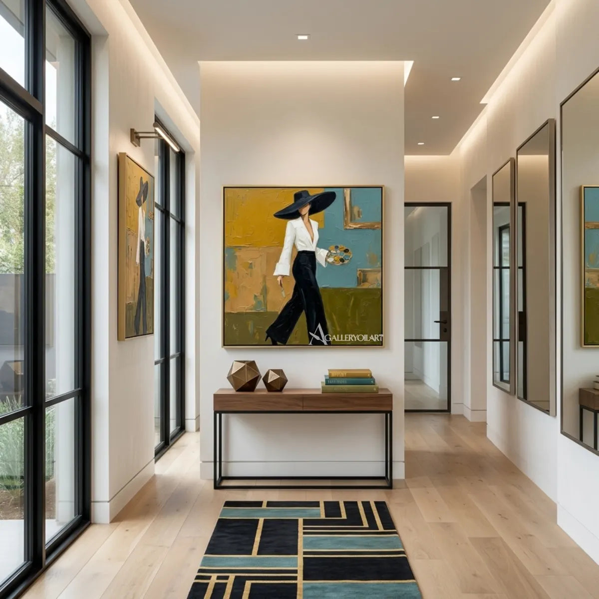Woman-in-a-wide-brimmed-hat-portrait-art-in-a-modern-transitional-room-with-yellow-and-black