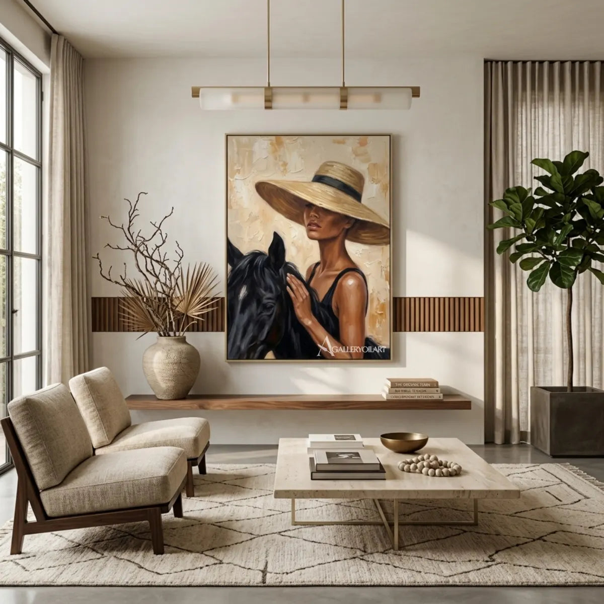 Woman-in-a-wide-brimmed-hat-with-a-black-horse-portrait-art-in-a-contemporary-gathering-room-with-warm-brown-tones