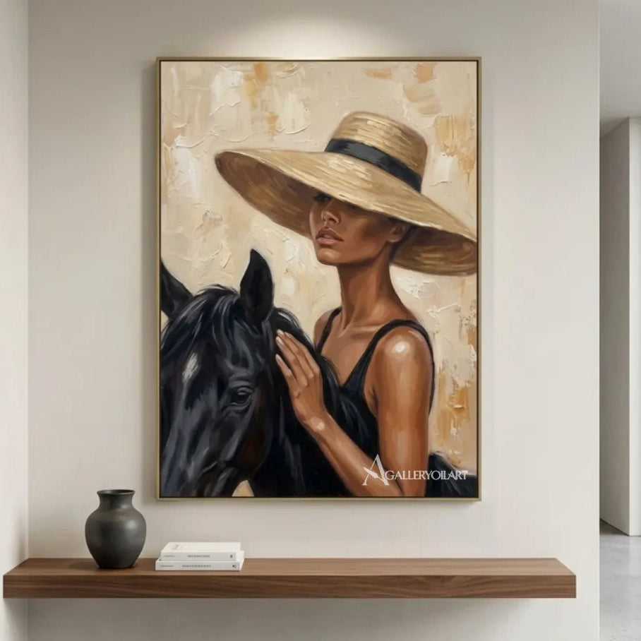 Woman-in-a-wide-brimmed-hat-with-a-black-horse-portrait-art-in-a-minimalist-interior-with-cream-and-brown