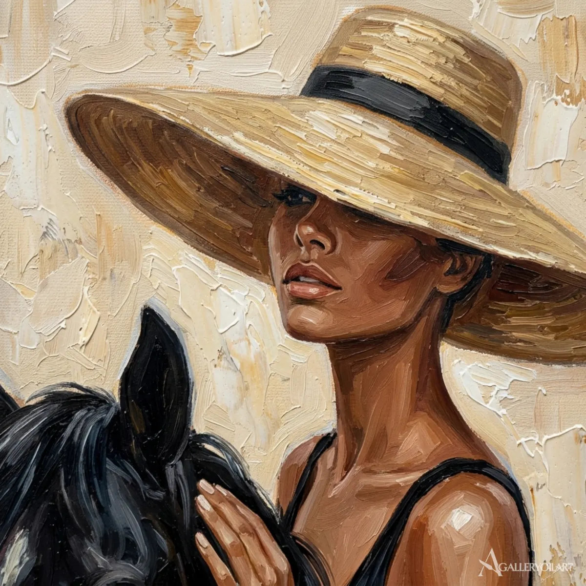 Close-up-of-wide-brimmed-woman-and-black-horse-brushstrokes-in-portrait-art-with-brown-and-cream-paint