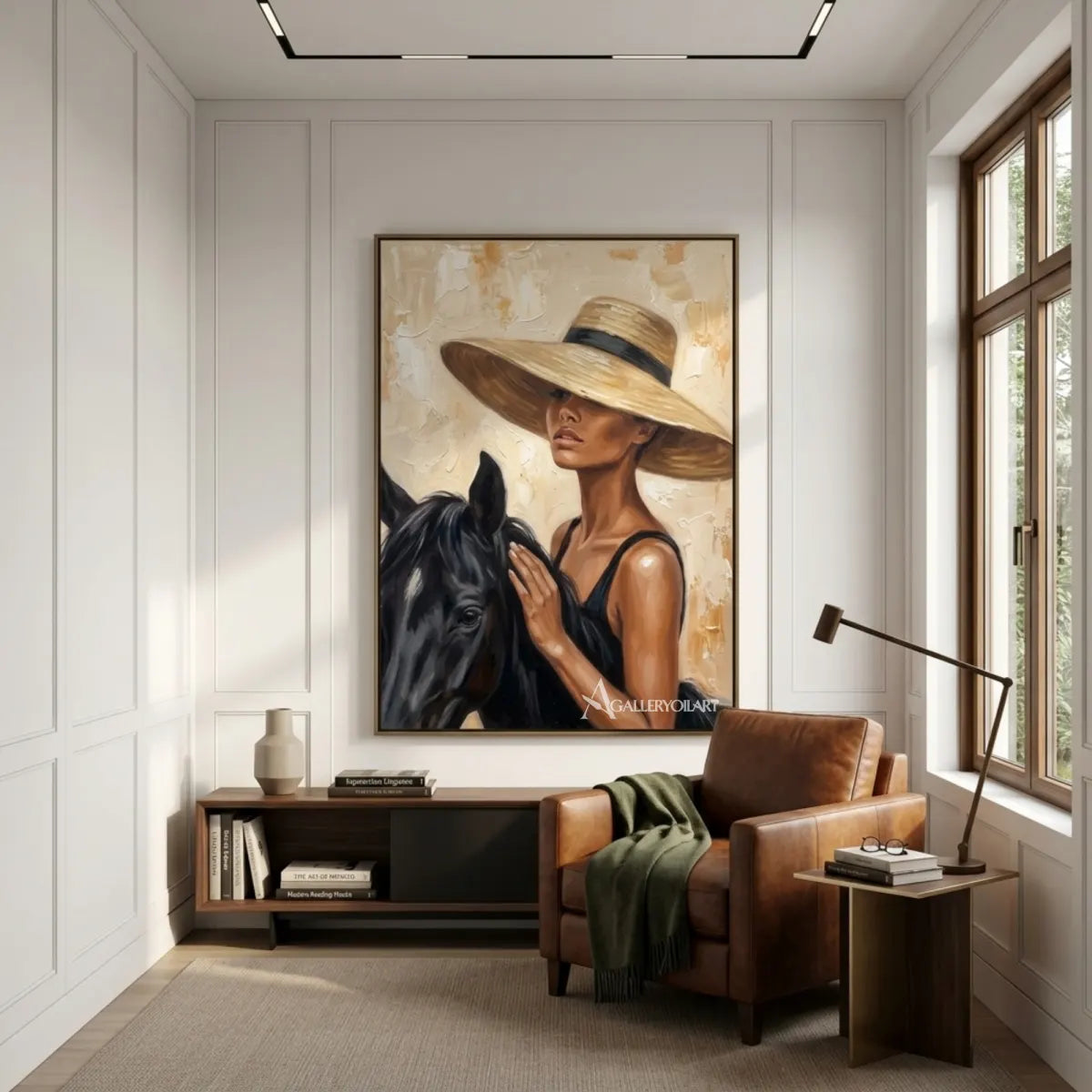 Woman-in-a-wide-brimmed-hat-with-a-black-horse-portrait-art-in-a-private-reading-lounge-with-brown-and-neutral-tones