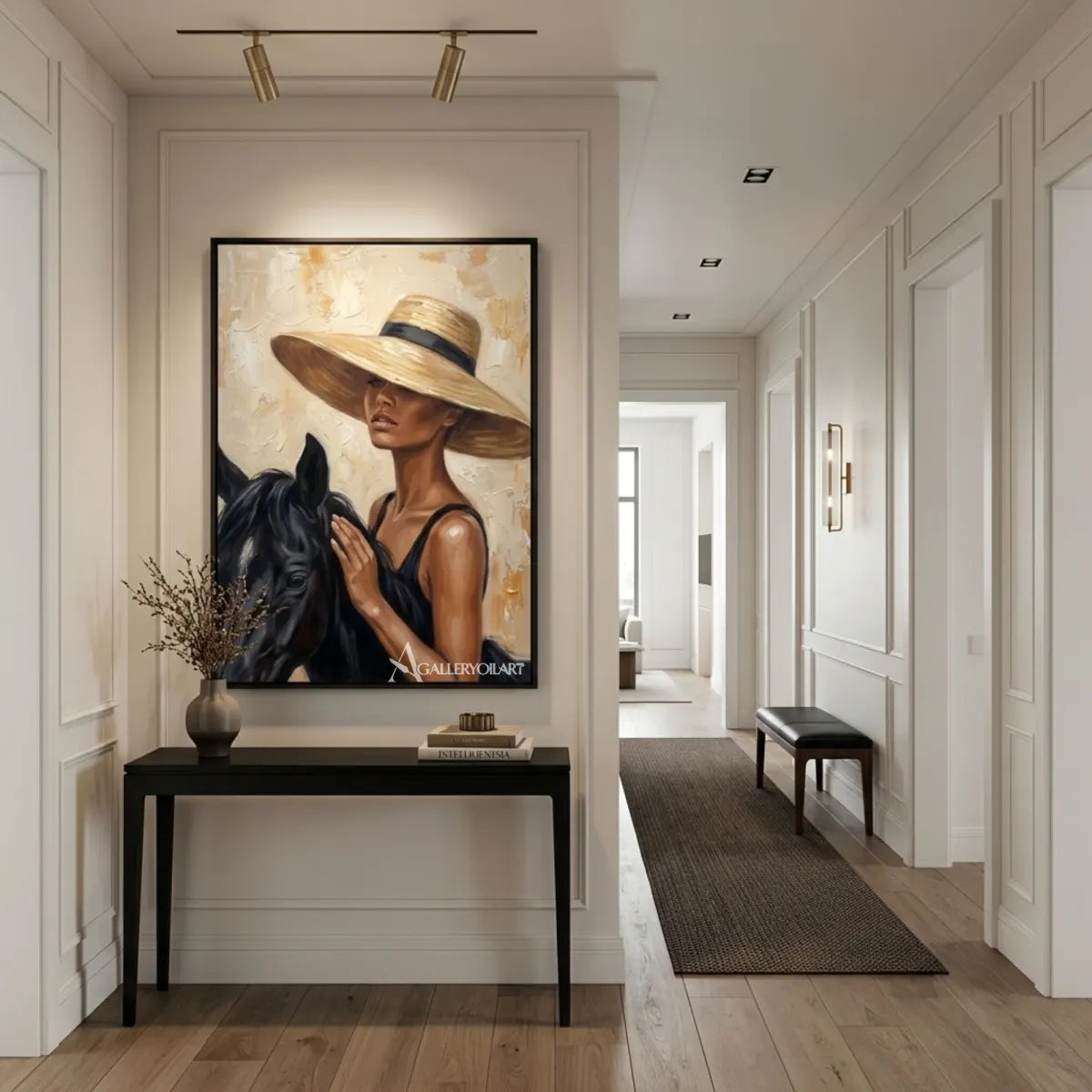 Woman-in-a-wide-brimmed-hat-with-a-black-horse-portrait-art-in-a-modern-transitional-room-with-earthy-tones