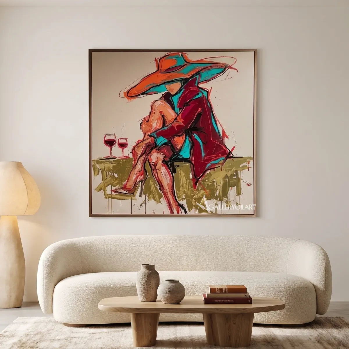 Pop-Art-wide-hat-aperitif-in-a-minimalist-gallery-with-orange-and-turquoise-brushwork