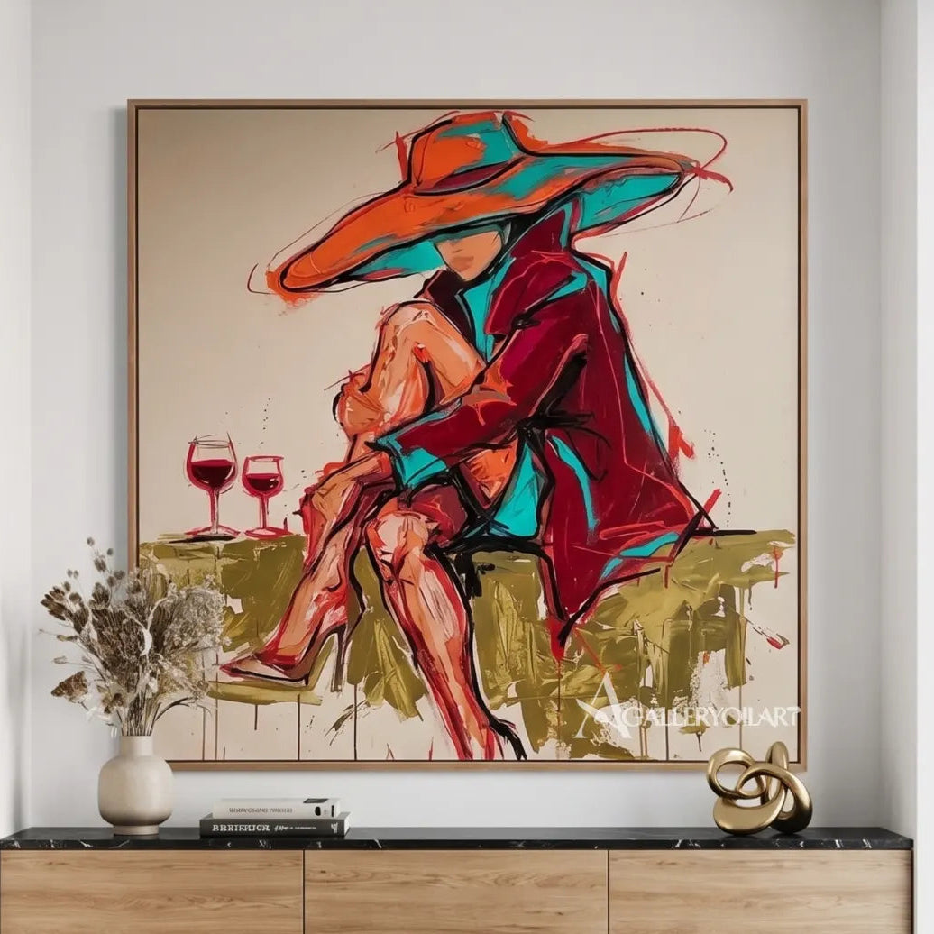 Pop-Art-wide-hat-aperitif-in-a-modern-entryway-with-orange-and-turquoise-brushwork