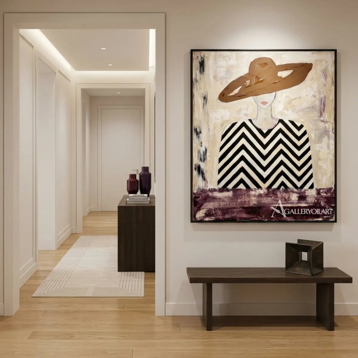 Woman-in-wide-hat-and-chevron-patterned-blouse-portrait-art-above-a-console-in-a-bright-hall