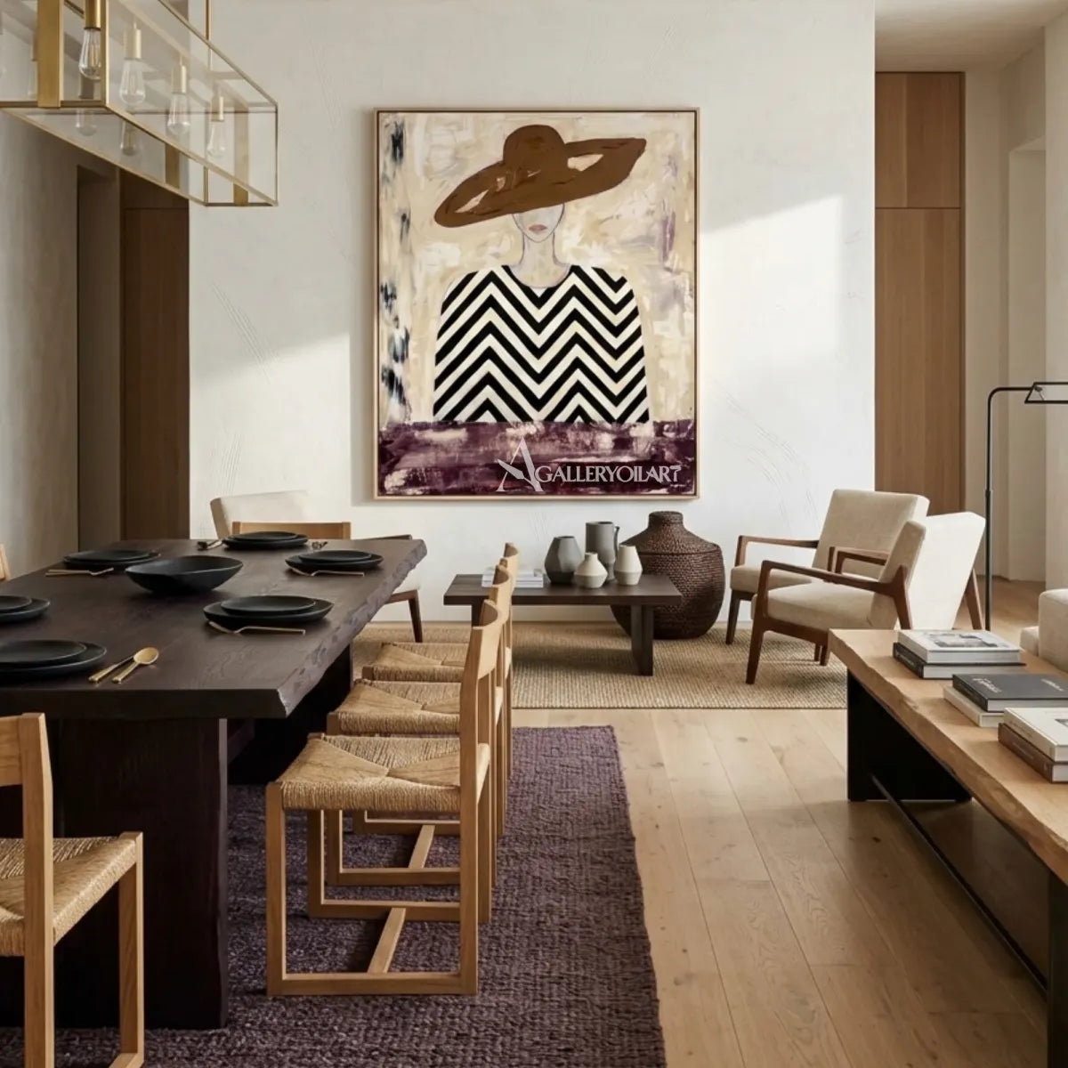 Woman-in-wide-hat-and-chevron-patterned-blouse-portrait-art-in-a-contemporary-dining-room