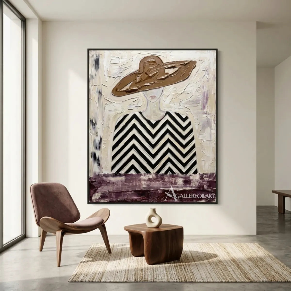 Woman-in-wide-hat-and-chevron-patterned-blouse-portrait-art-in-a-light-contemporary-lounge