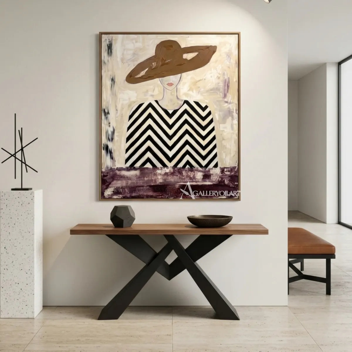 Woman-in-wide-hat-and-chevron-patterned-blouse-portrait-art-in-a-minimalist-interior-with-warm-wood