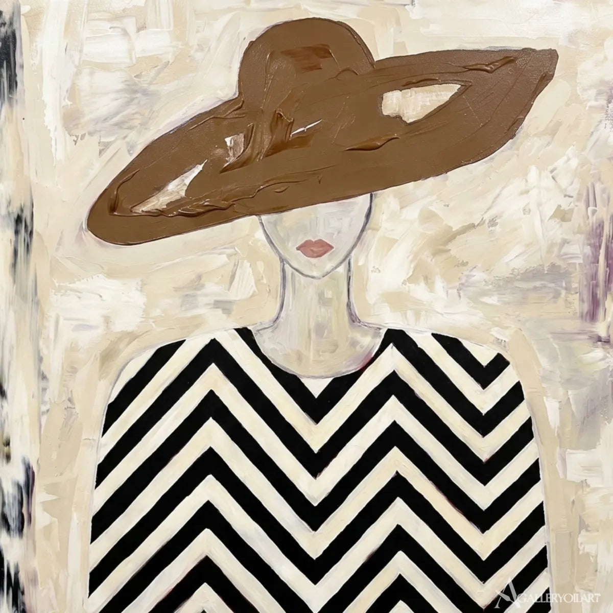 Close-up-of-wide-hat-and-black-chevron-pattern-in-portrait-art-with-cream-and-burgundy