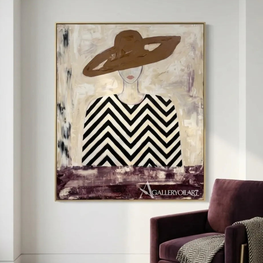 Woman-in-wide-hat-and-chevron-patterned-blouse-portrait-art-above-a-purple-chair-in-a-bright-room
