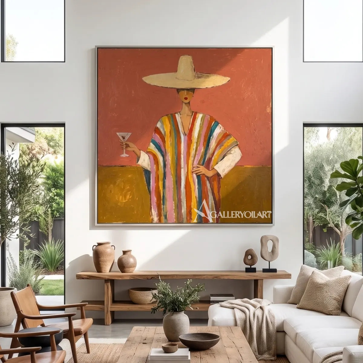 Woman-in-a-wide-straw-hat-and-striped-robe-holding-a-wine-glass-in-orange-toned-portrait-art-displayed-in-a-contemporary-living-room