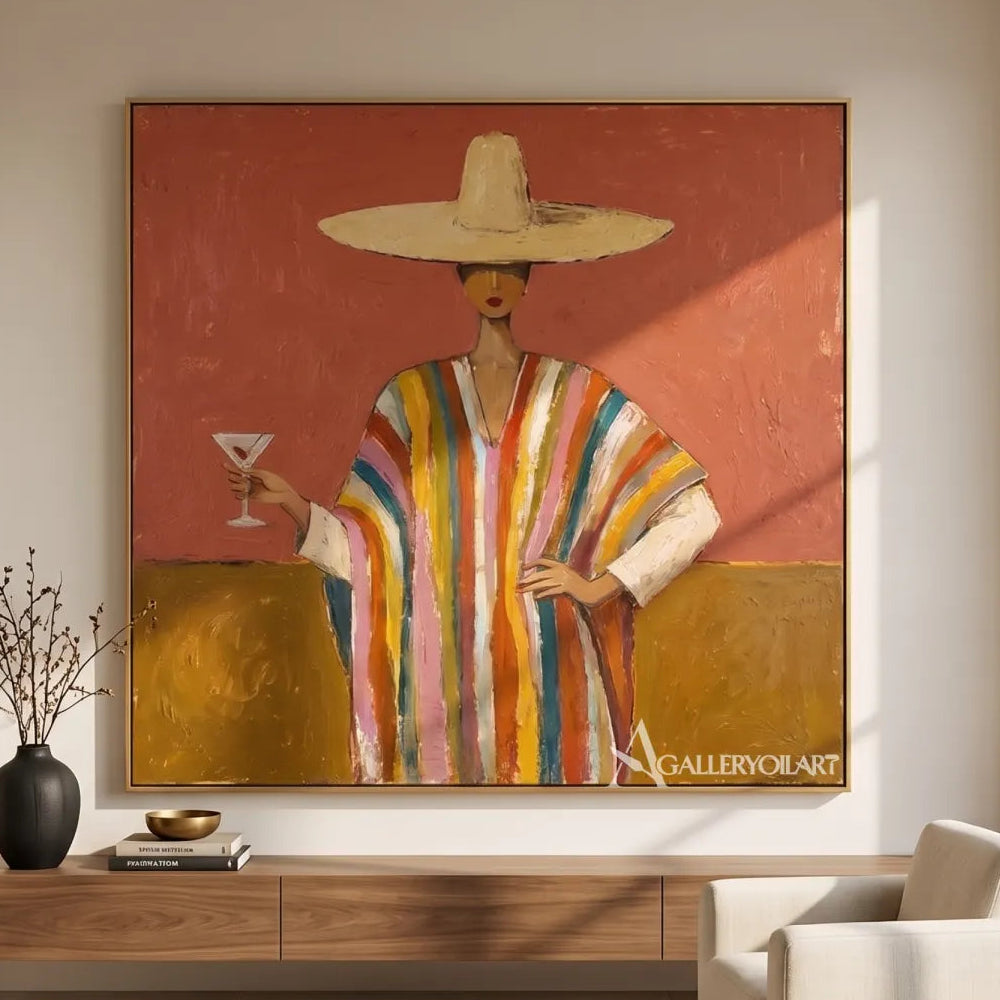 Woman-in-a-wide-straw-hat-and-striped-robe-holding-a-wine-glass-in-orange-toned-portrait-art-displayed-in-a-minimalist-interior