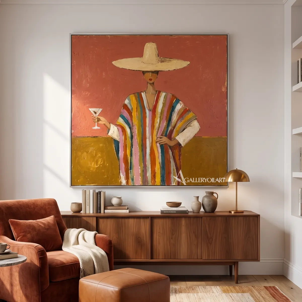 Woman-in-a-wide-straw-hat-and-striped-robe-holding-a-wine-glass-in-orange-toned-portrait-art-displayed-in-a-private-reading-lounge