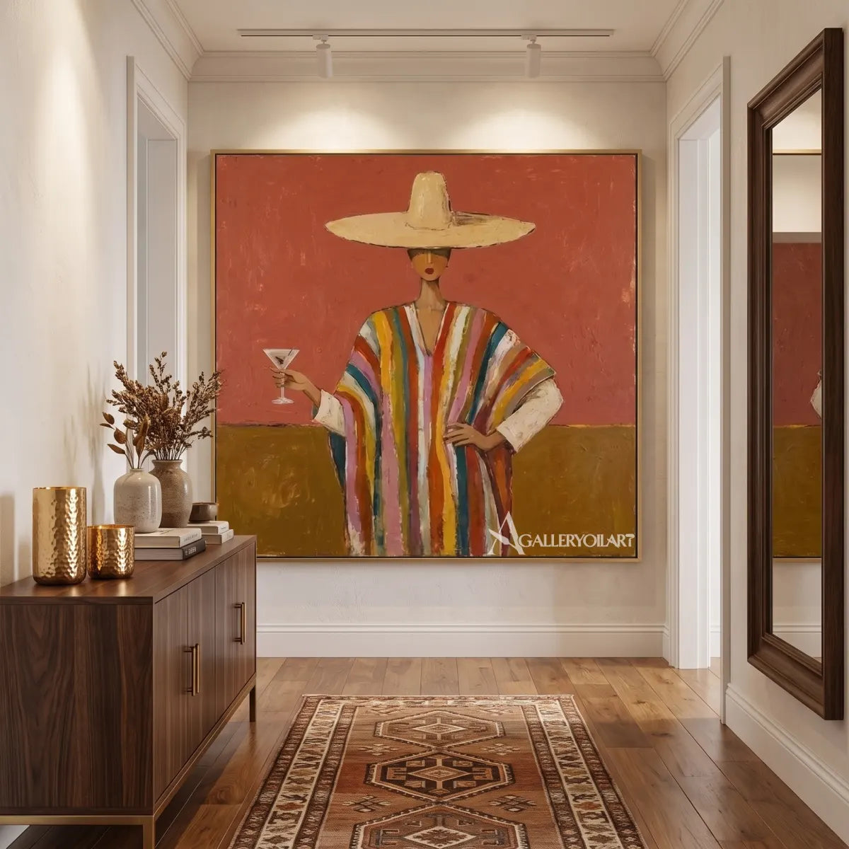 Woman-in-a-wide-straw-hat-and-striped-robe-holding-a-wine-glass-in-orange-toned-portrait-art-displayed-in-a-transitional-interior