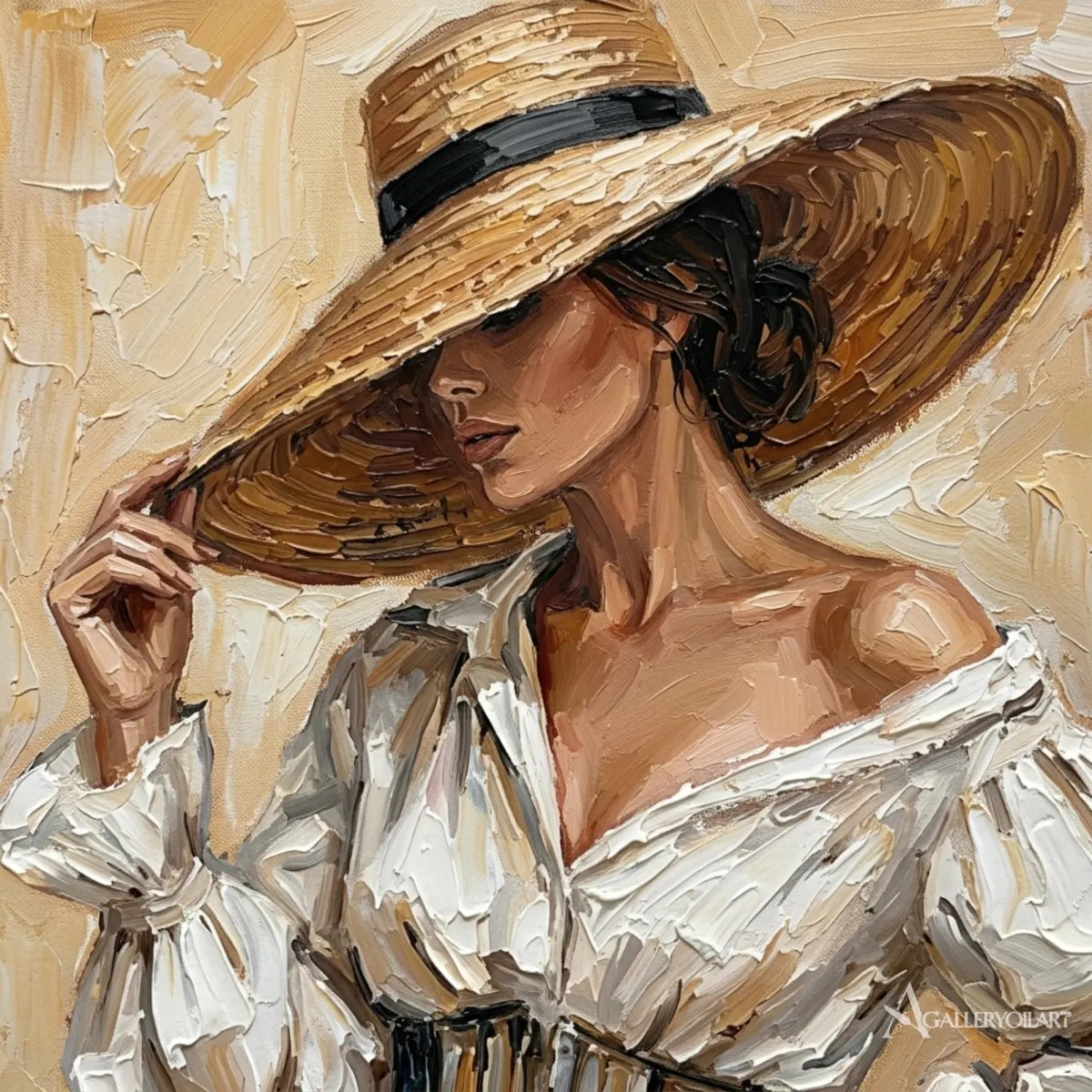 Close-up-of-woman-in-wide-straw-hat-and-thick-brushstrokes-in-portrait-art-with-brown-and-cream