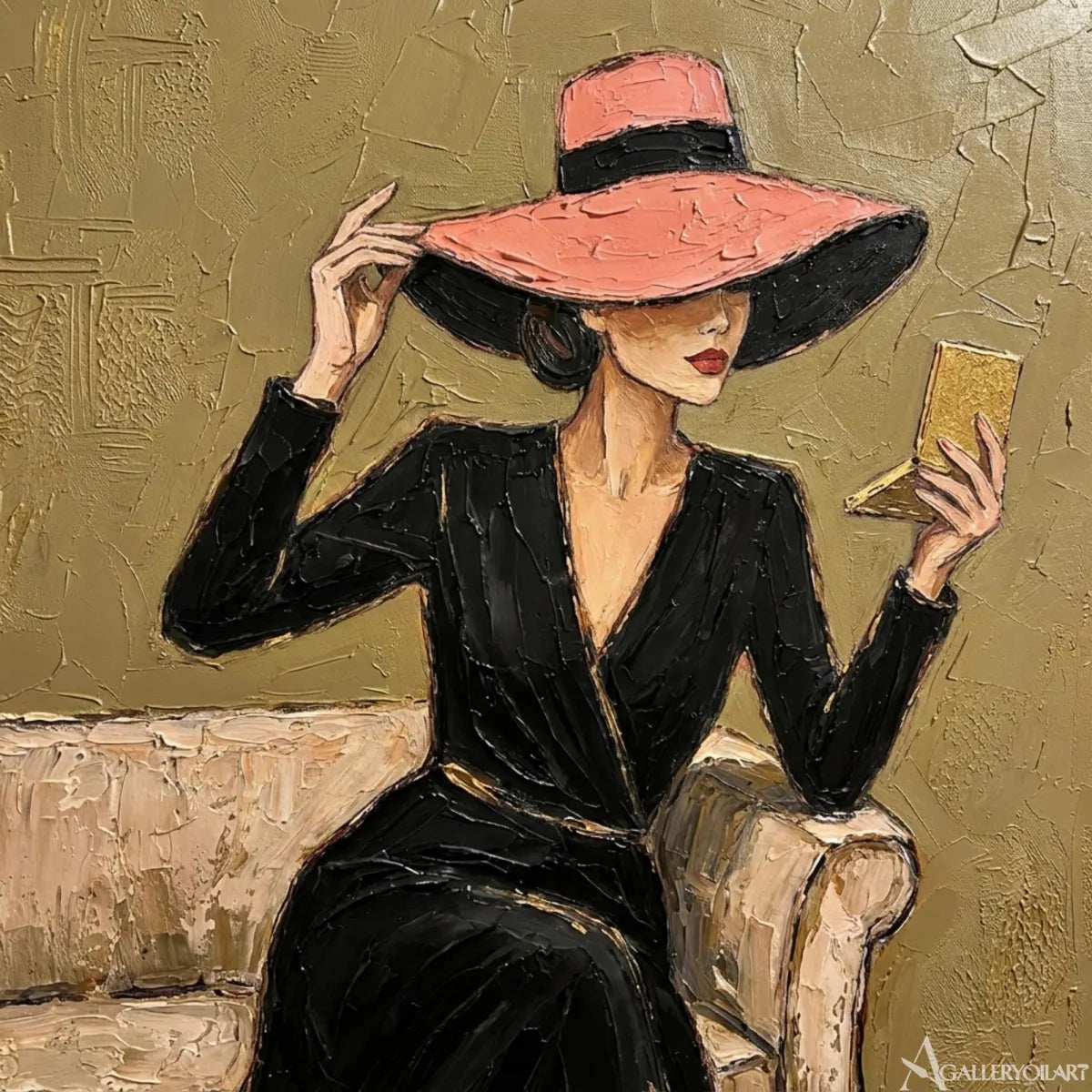 Seated-woman-in-wide-hat-in-portrait-art-olive-green-close-up-detail
