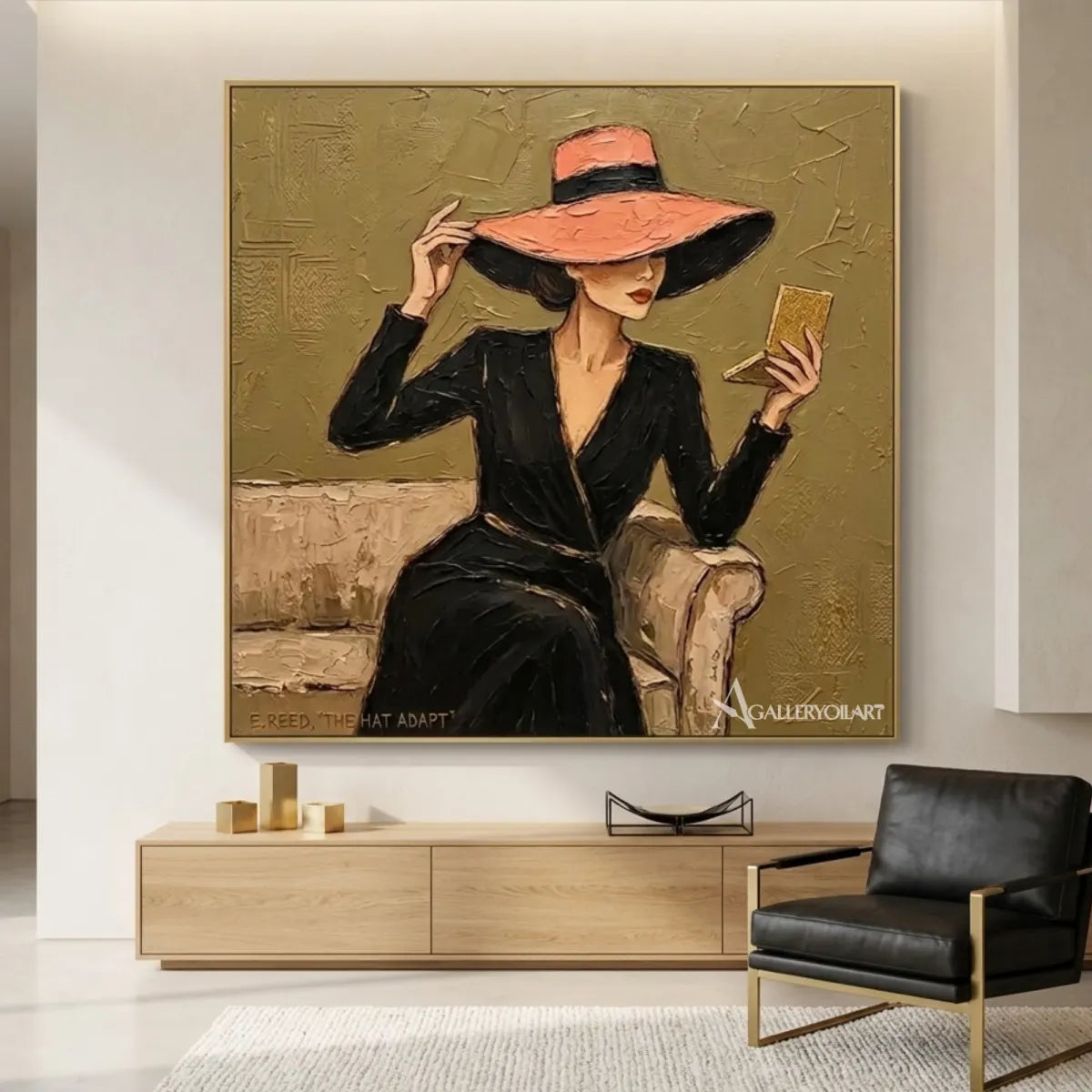 Seated-woman-in-wide-hat-in-portrait-art-olive-green-minimalist-interior