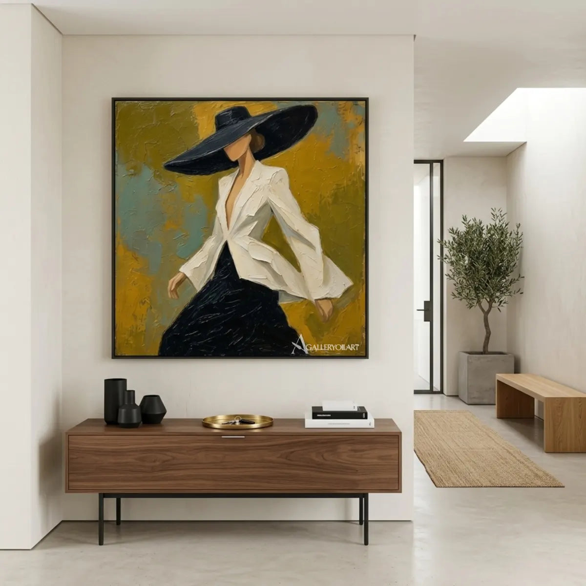 Portrait-art-painting-of-a-woman-in-a-wide-black-hat-and-white-blouse-against-yellow-and-teal-in-an-entryway