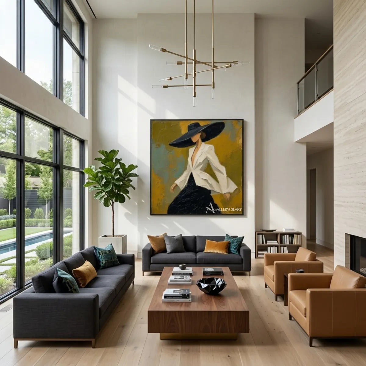 Portrait-art-painting-of-a-woman-in-a-wide-black-hat-and-white-blouse-against-yellow-and-teal-in-a-seating-area
