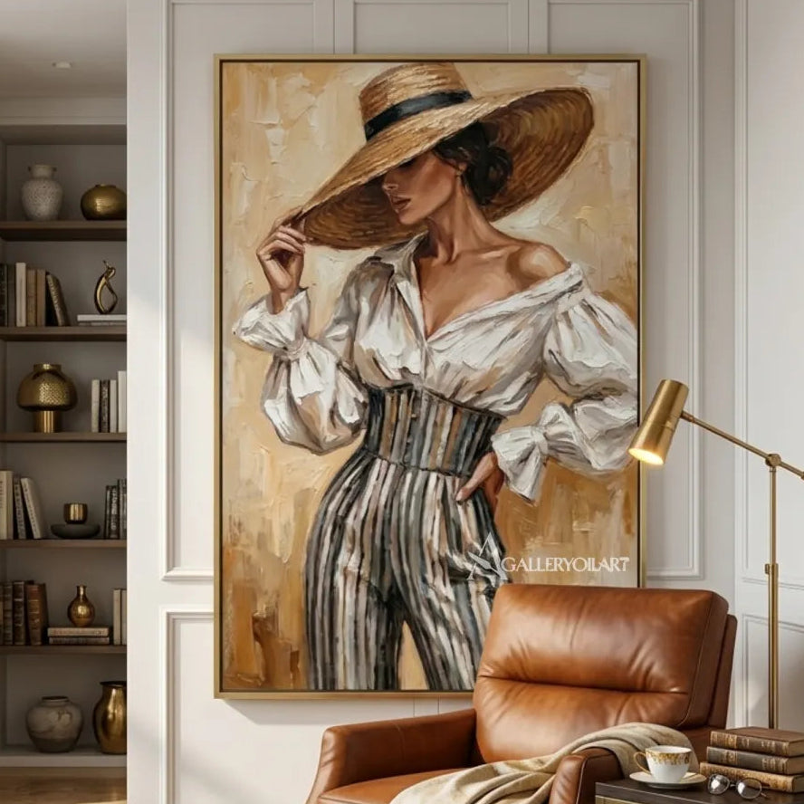 Woman-in-wide-straw-hat-portrait-art-in-a-private-reading-lounge-with-warm-neutral-colors